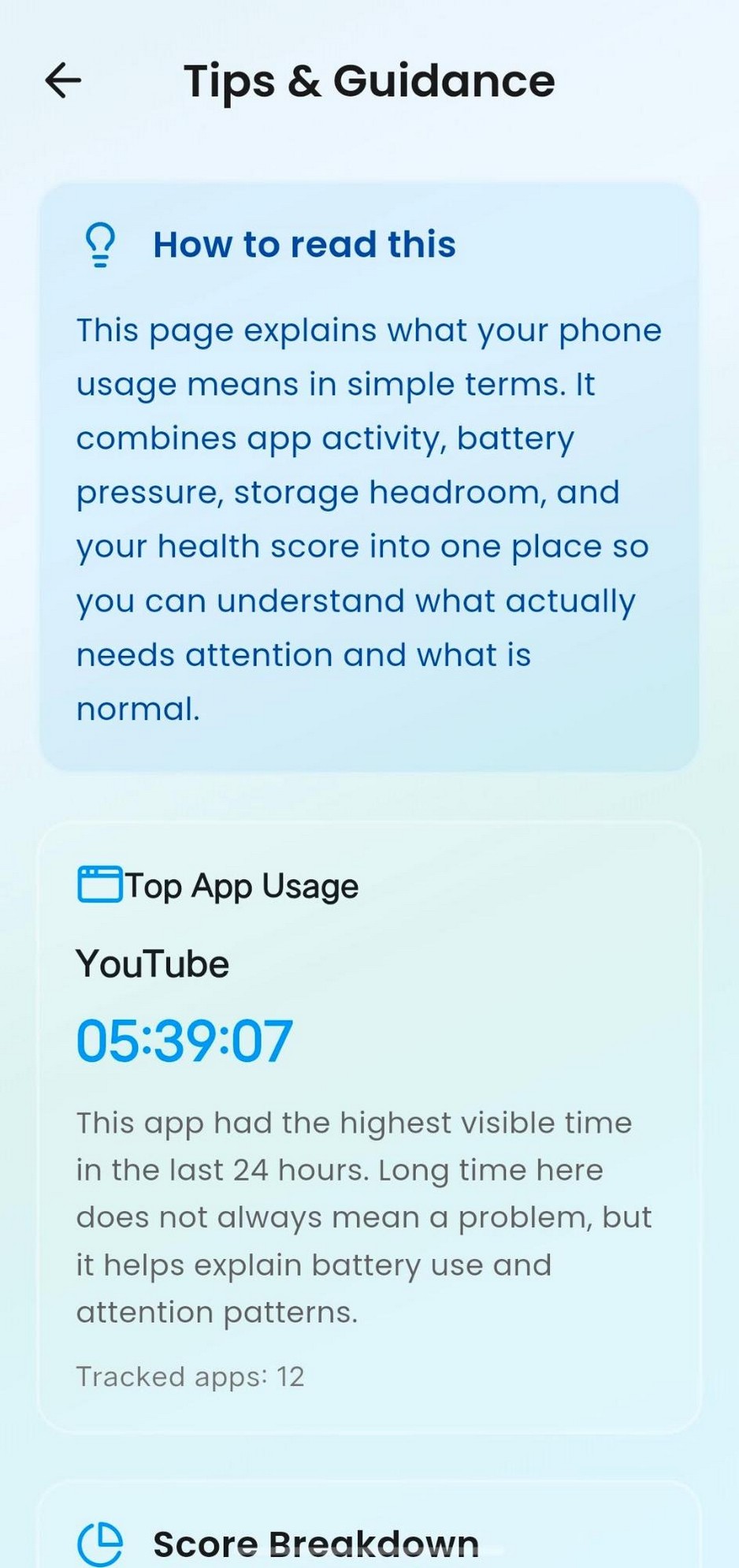 Explain My Phone — Tips & Guidance screen