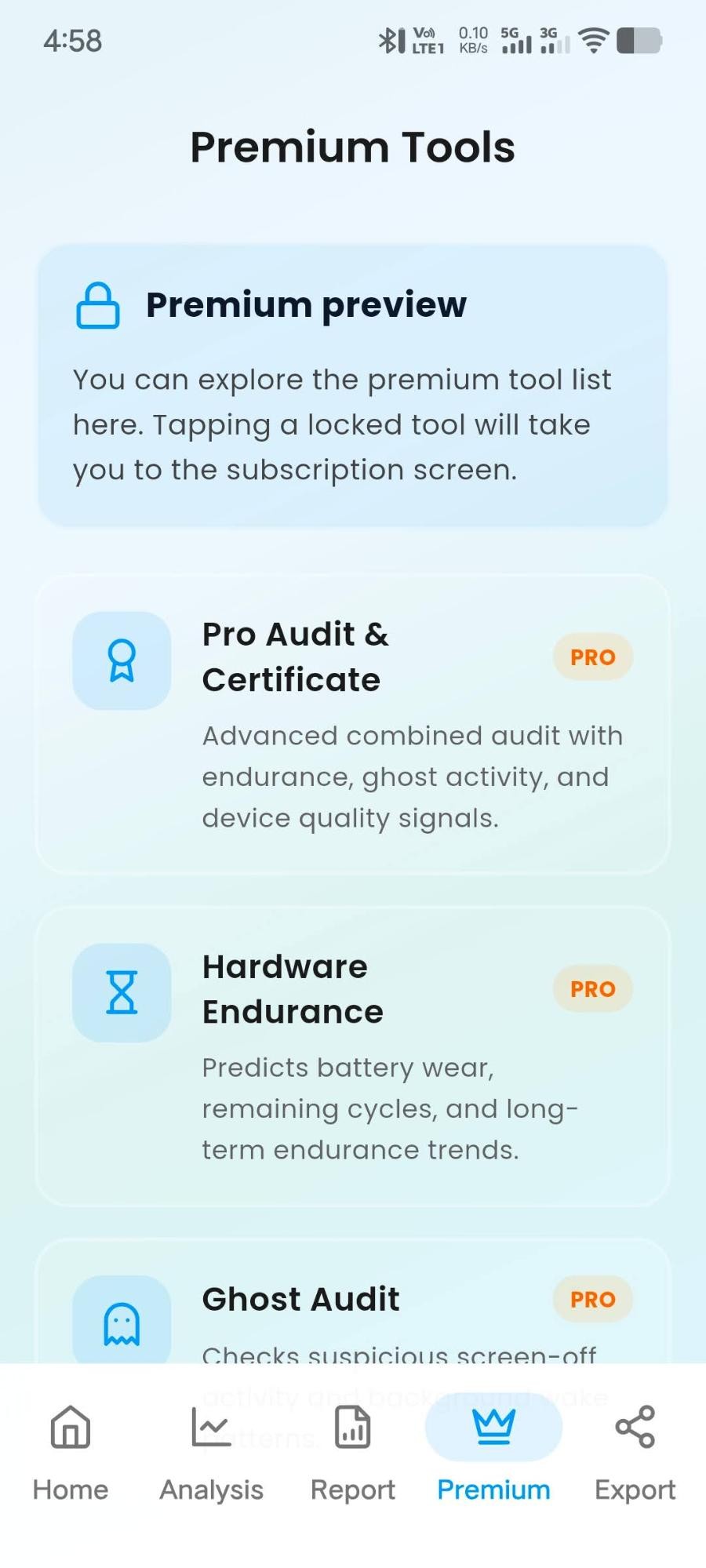 Explain My Phone — Premium Tools screen