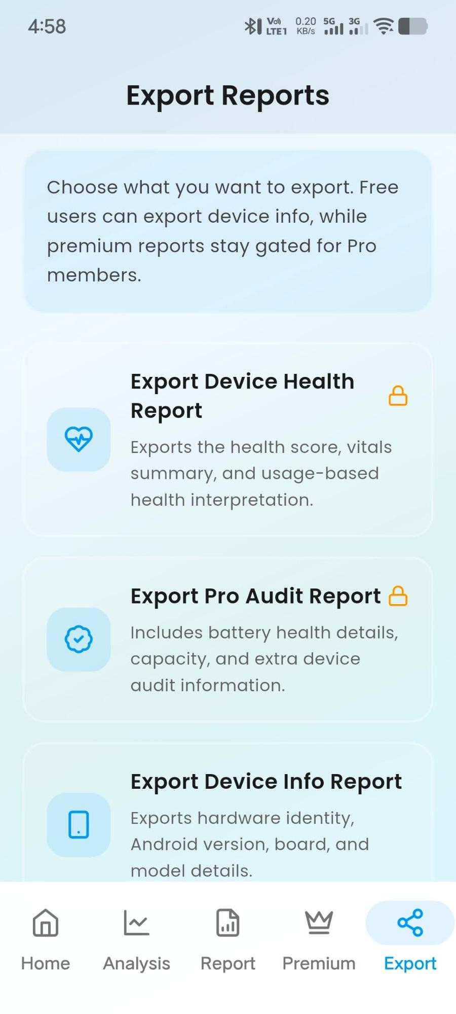 Explain My Phone — Export Reports screen