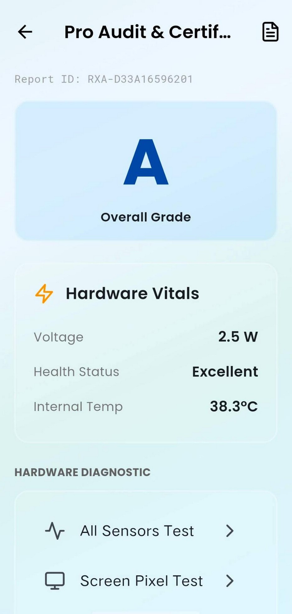 Explain My Phone — Pro Audit & Certificate screen
