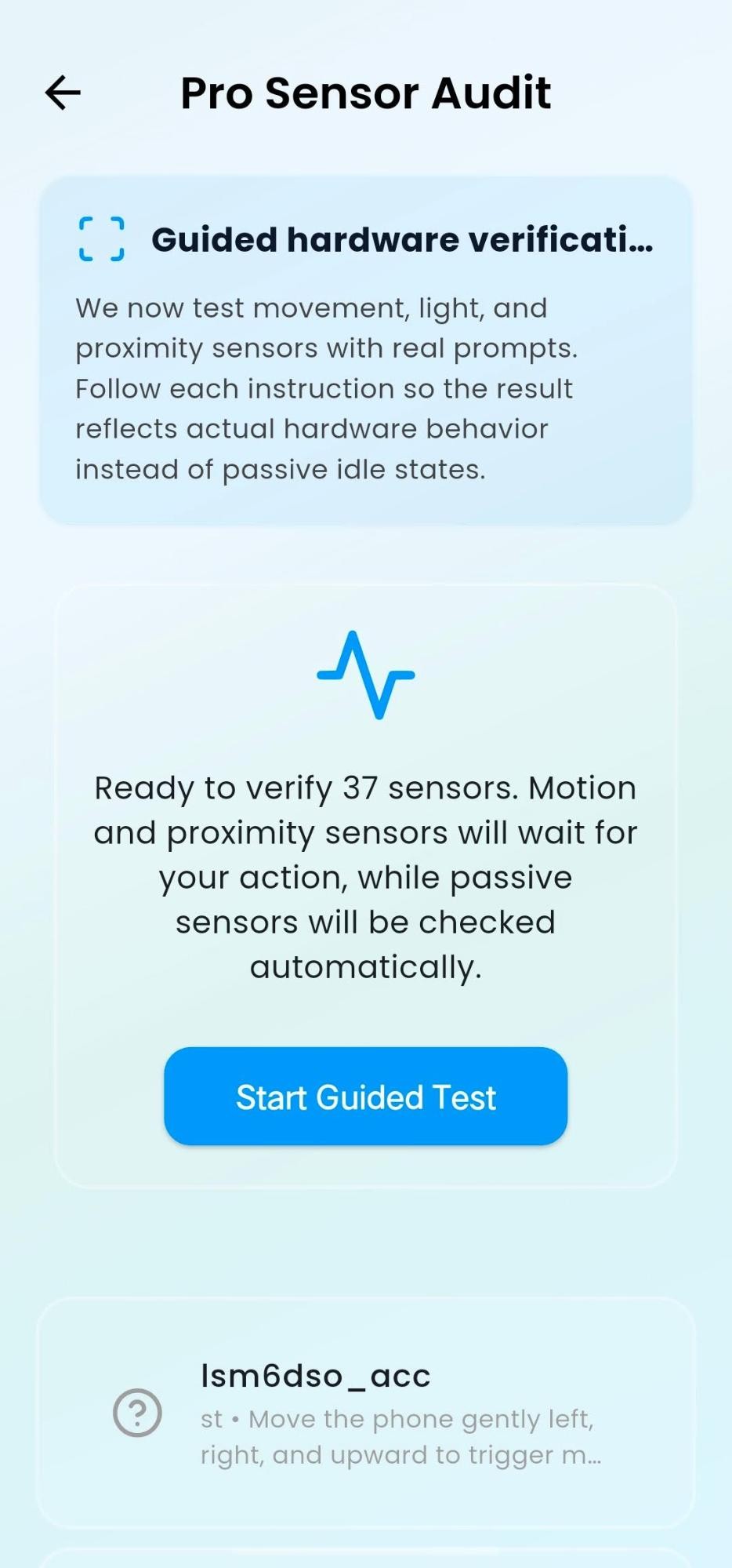 Explain My Phone — Pro Sensor Audit screen