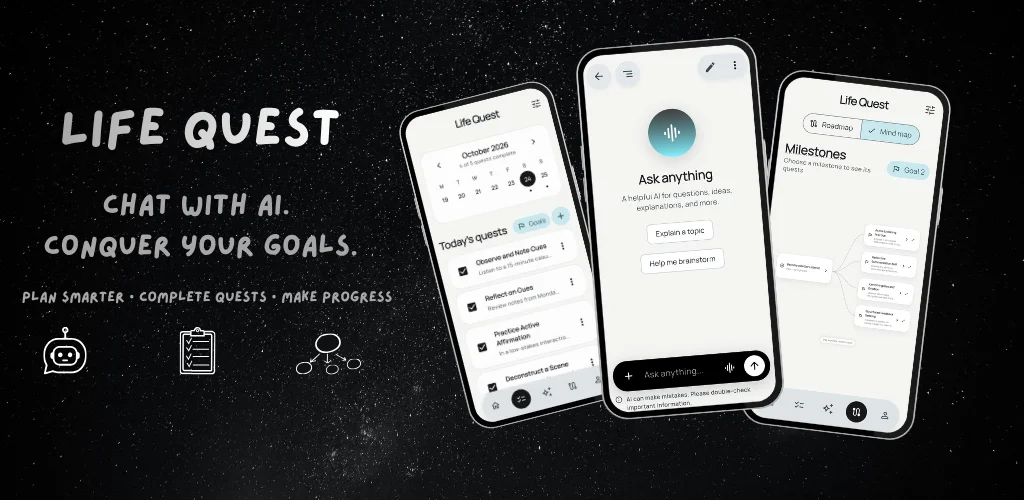 LifeQuest feature graphic: chat with AI, conquer your goals